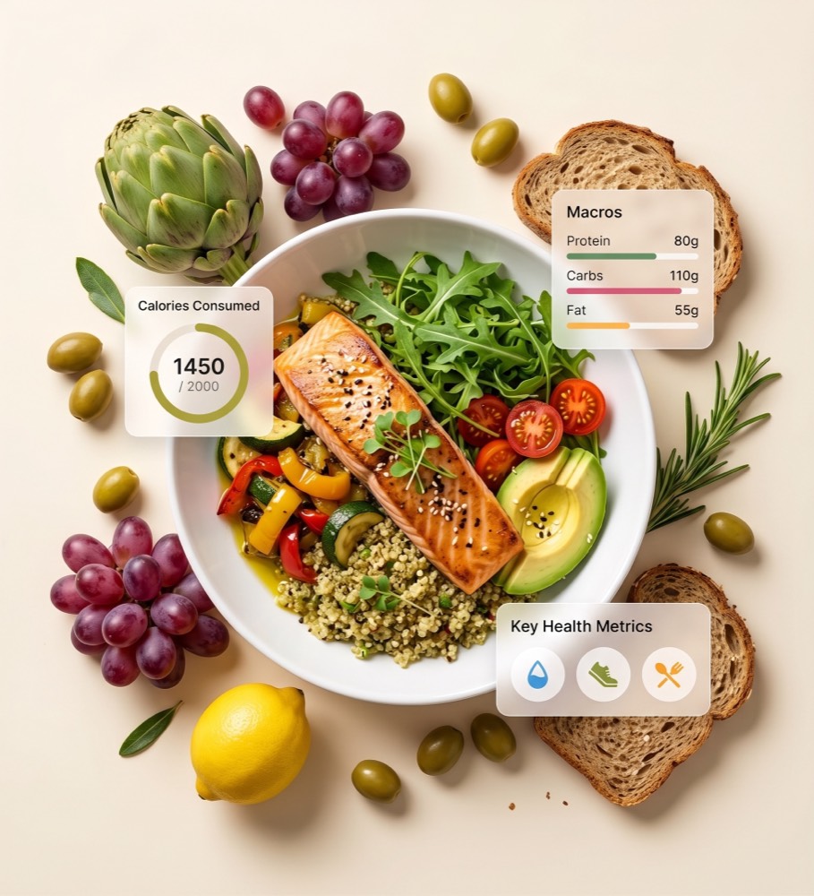 A salmon and quinoa bowl surrounded by whole ingredients, overlaid with Olvi cards showing calories consumed, a protein/carbs/fat breakdown, and key health metrics.